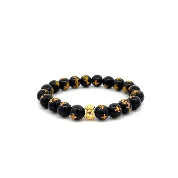 18K Gold Money Bag Black Agate Gemstones 7.5-8mm Lucky Charm Elastic Bracelet - Picture 1 of 5